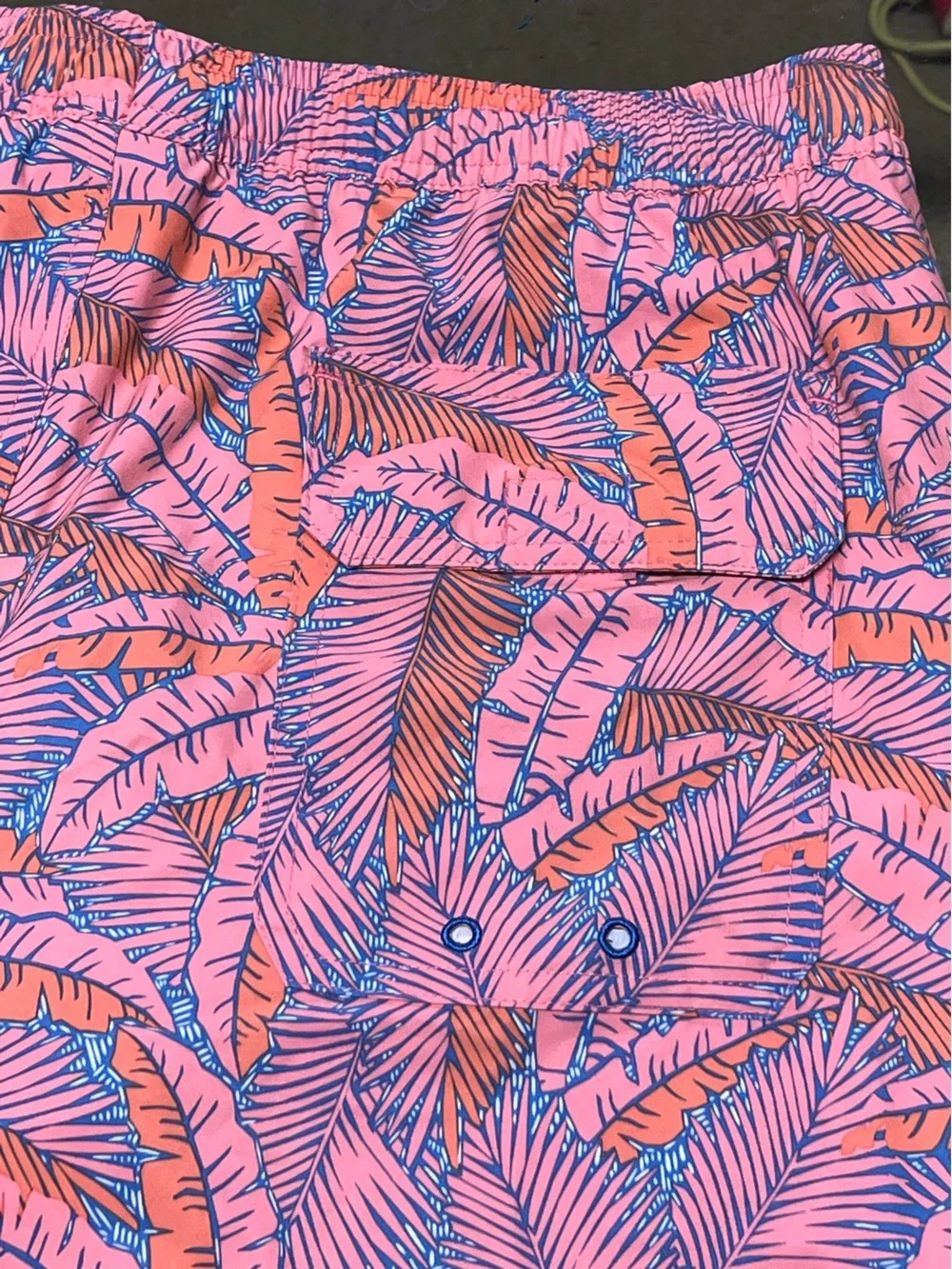 Vineyard Vines island palms Chappy swim trunks 7” inseam coral blue preppy